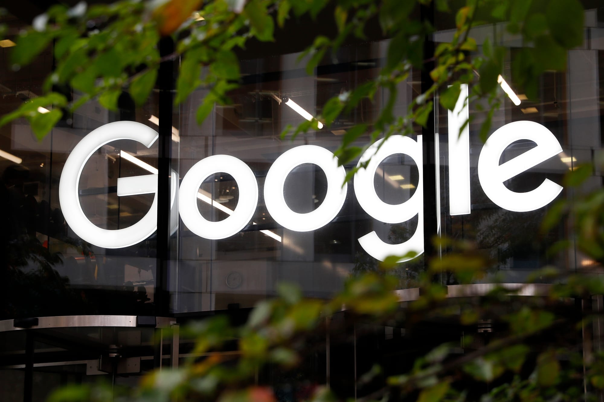 The word Google, in white, is seen on a building.
