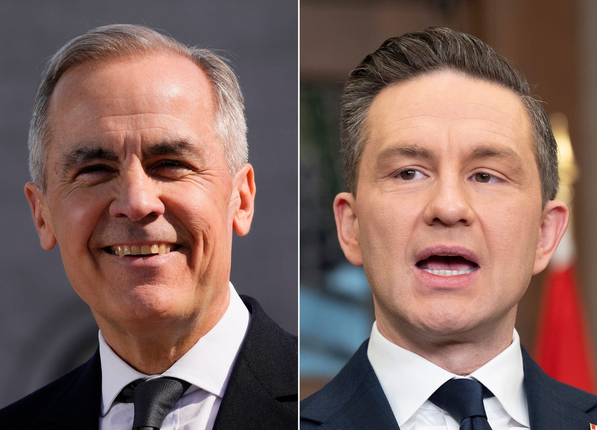 A splitscreen image showing Liberal Leader Mark Carney on the left and Conservative Leader Pierre Poilievre on the right.