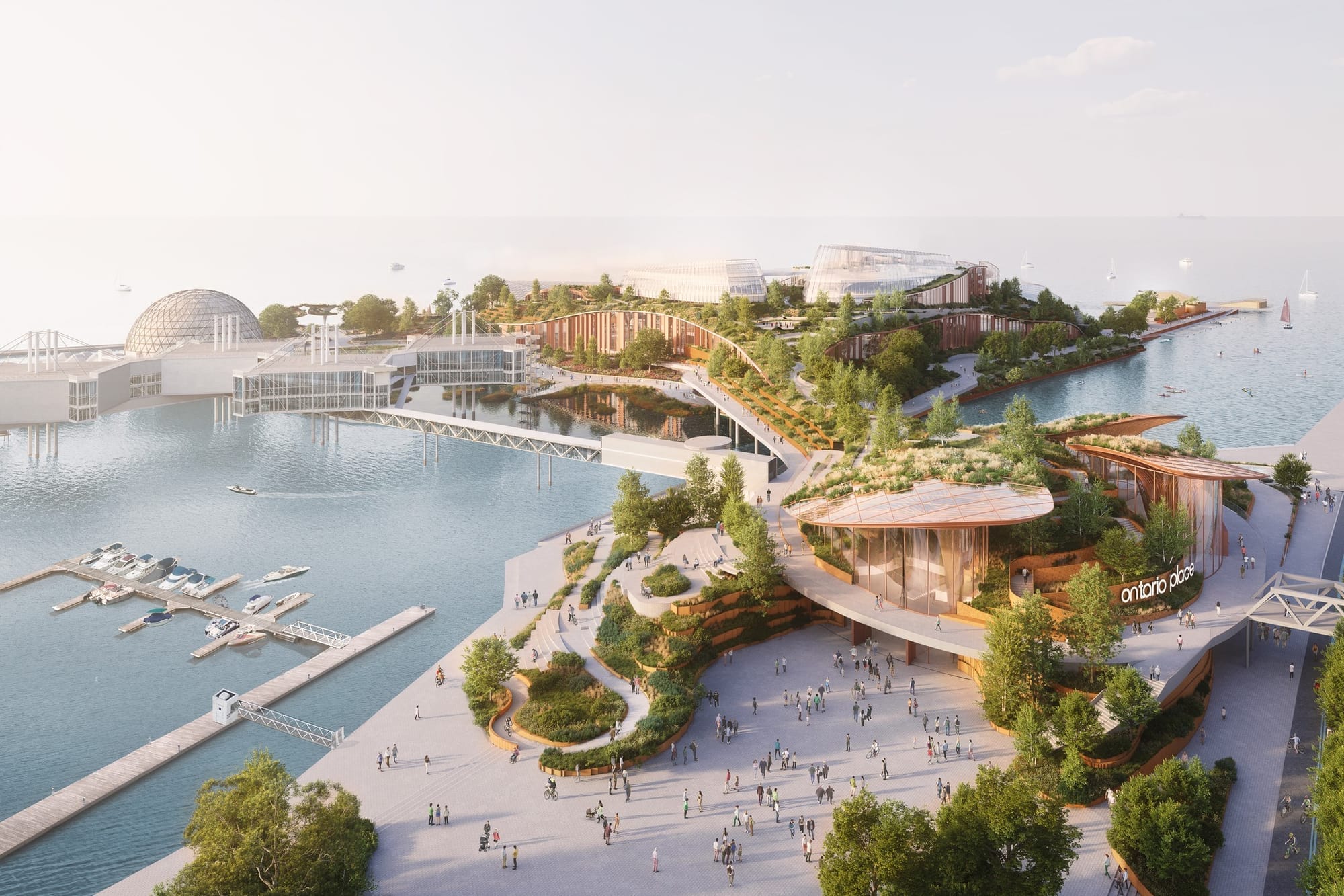 This rendering of the planned development at Ontario place shows a tree-lined pier with people walking by 