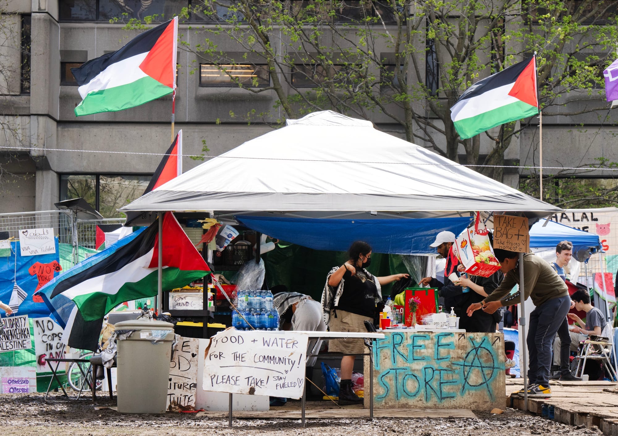 A tent with free supplies is seen at the pro-Palestinian encampment on McGill University campus.