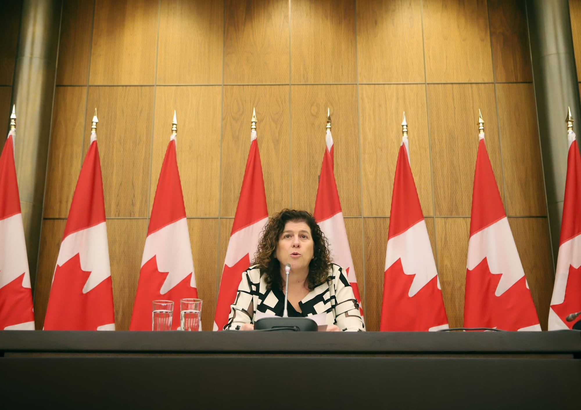 Auditor General Karen Hogan speaks into a microphone while sitting in front of eight Canadian flags.