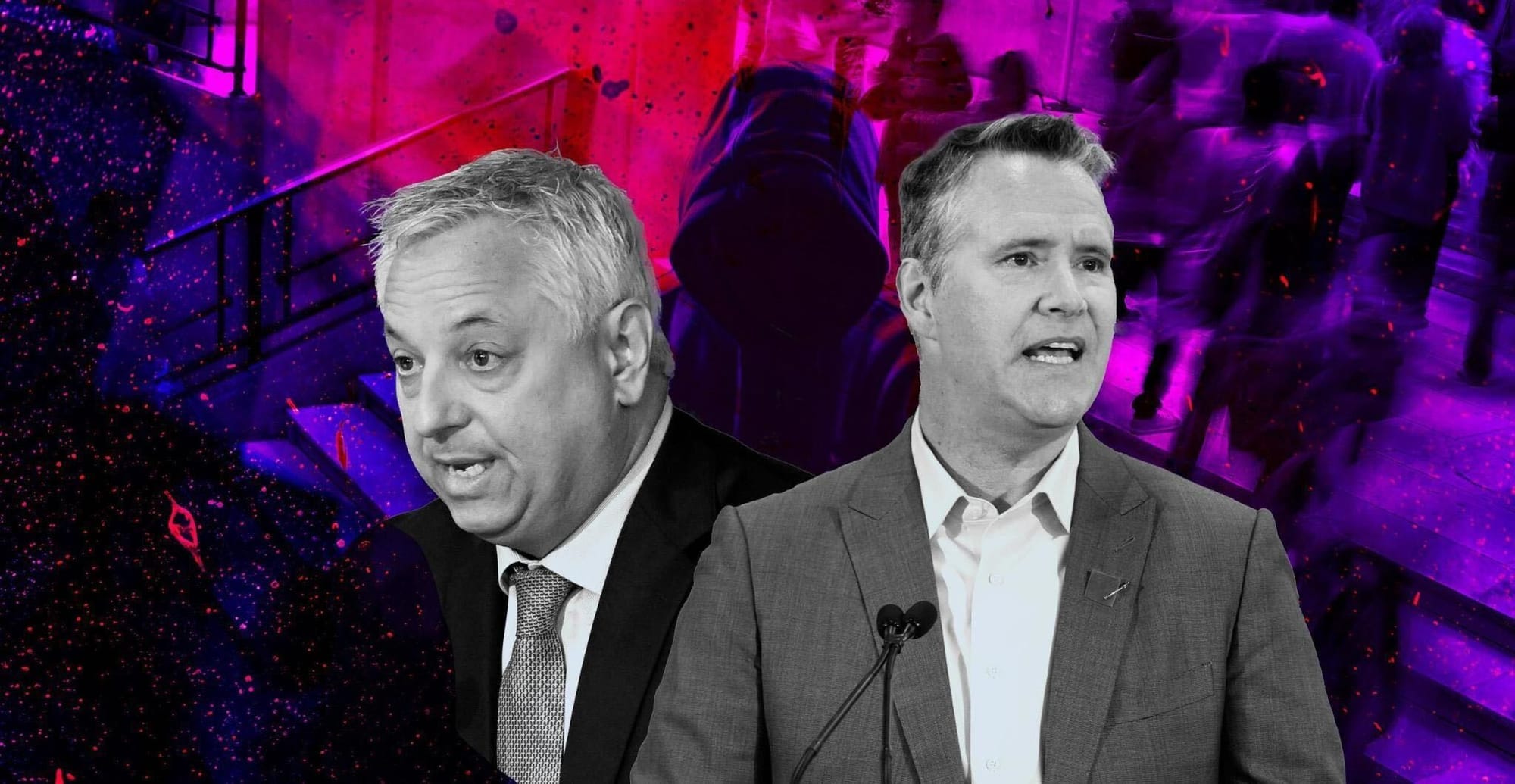 An illustration shows black-and-white pictures of David Vigneault and François Poirier against a purple and red backdrop. 