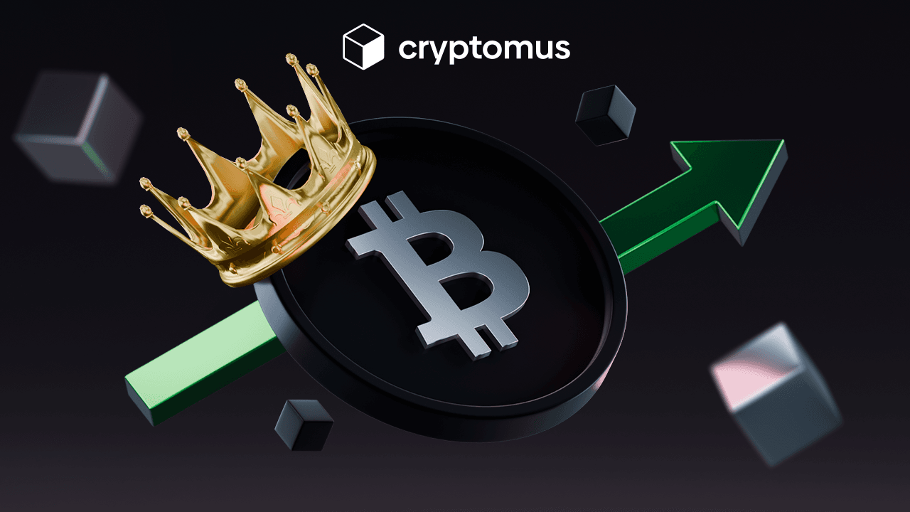 A black graphic shows a gold crown atop a black and grey Bitcoin token. 