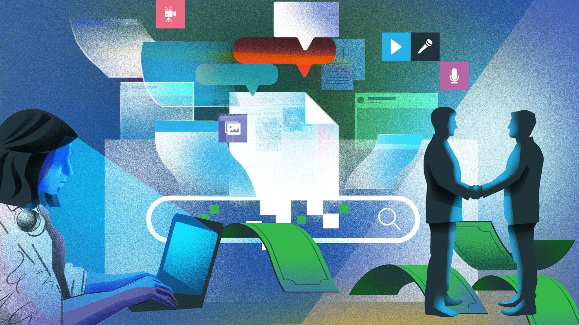 An illustration showing a person is working on their laptop, while on the other side of the image two people are shaking hands.