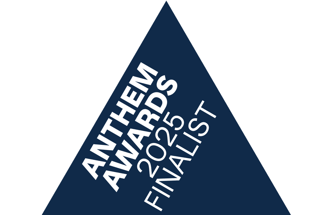 A navy-blue triangle features white text that says "ANTHEM AWARDS 2025 FINALIST"