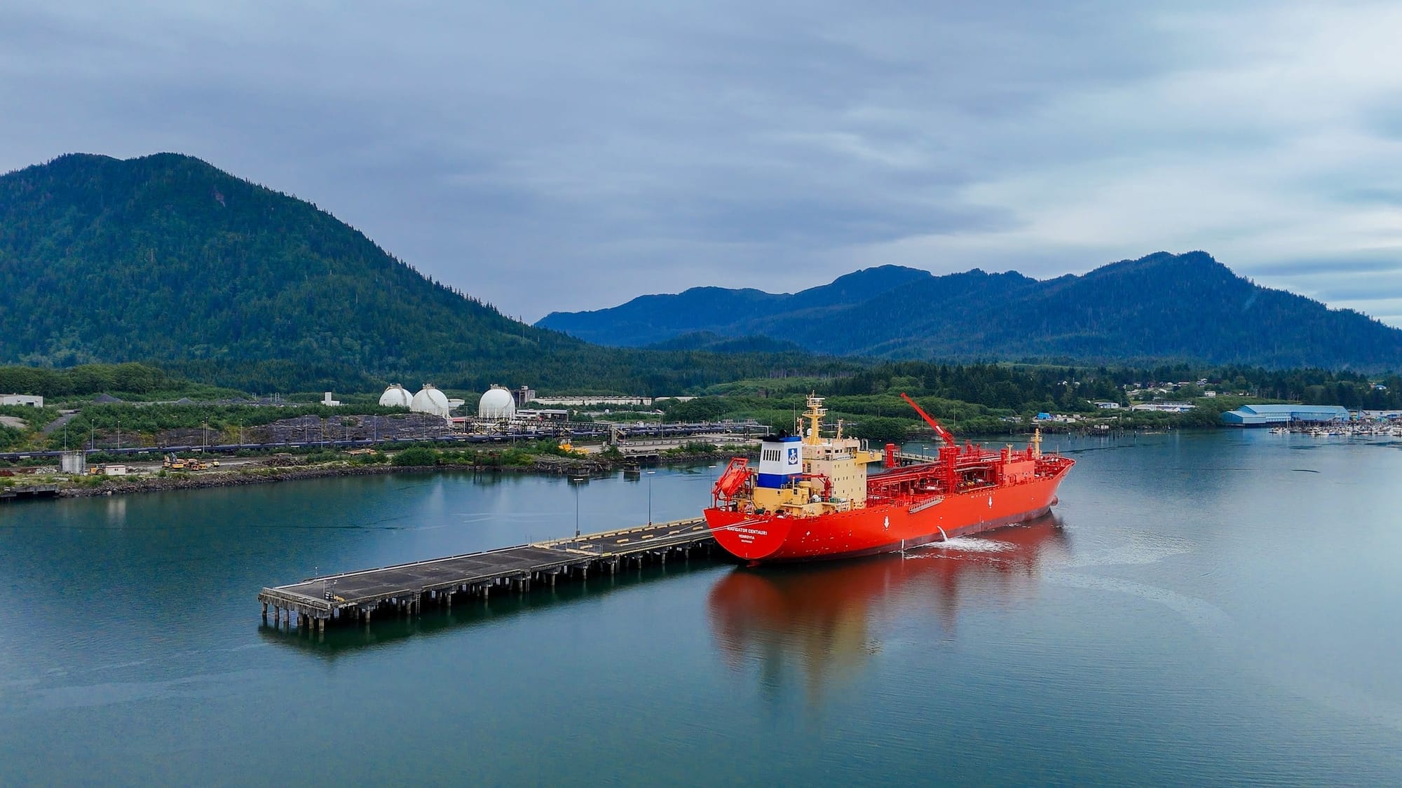 A large red ship is seen at Pembina’s Prince Rupert Terminal in B.C.