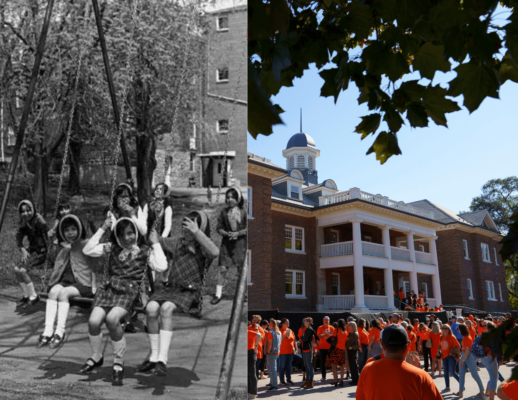 On the left, children play on swings in an old-fashioned black and white photo. On the right, a large brick building with white pillars and many people outside in bright orange shirts.